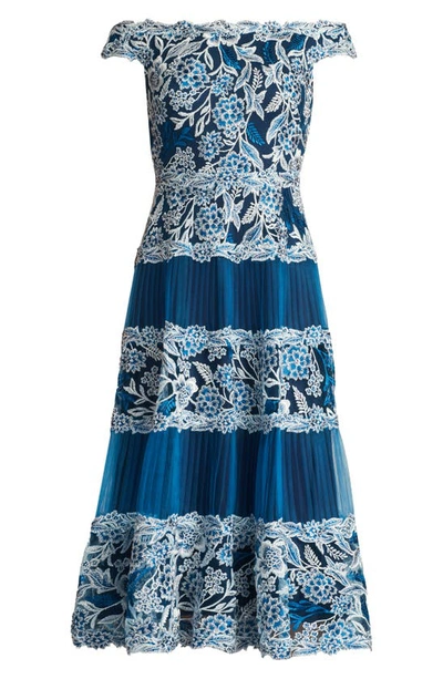 Shop Tadashi Shoji Embroidered Floral Lace Pleated Off The Shoulder Dress In Pacific Blue