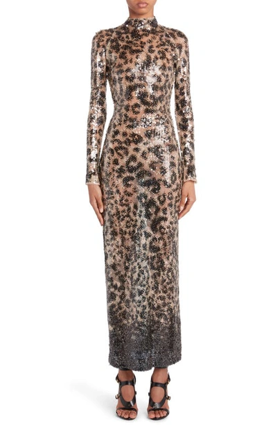 Shop Tom Ford Sequin Leopard Print Long Sleeve Gown In Marron Glace