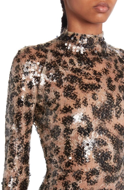 Shop Tom Ford Sequin Leopard Print Long Sleeve Gown In Marron Glace