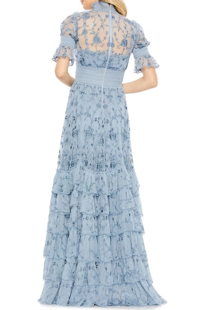 Shop Mac Duggal Floral Embroidered Tiered Ruffle Gown In Slate Blue