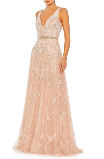 Shop Mac Duggal Beaded Plunge Neck Gown In Blush