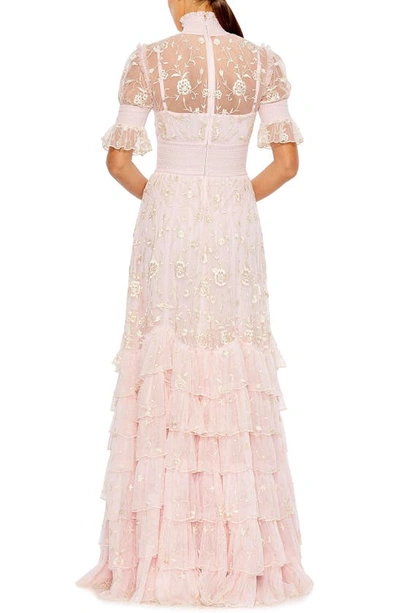 Shop Mac Duggal Floral Embroidered Tiered Ruffle Gown In Rose Pink