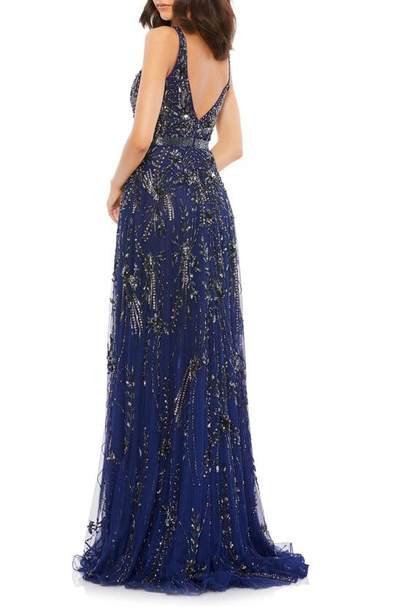 Shop Mac Duggal Beaded Plunge Neck Gown In Midnight