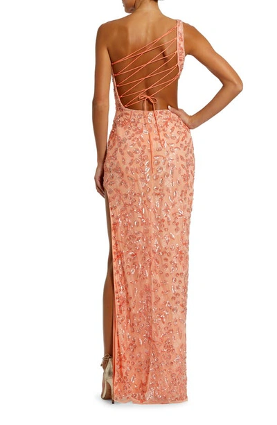 Shop Mac Duggal Sequin Leaf One-shoulder Cutout Detail Sheath Gown In Peach