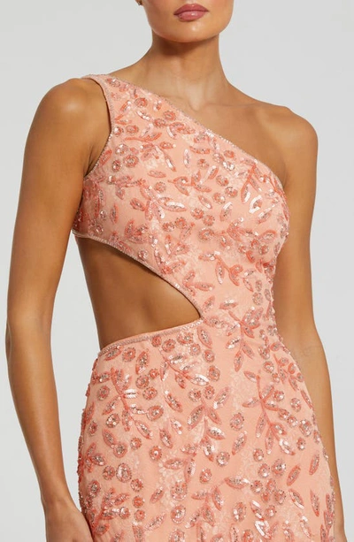 Shop Mac Duggal Sequin Leaf One-shoulder Cutout Detail Sheath Gown In Peach