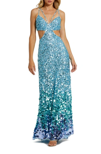Mac Duggal Thin Strap Cut Out Gown With Ombre Sequins In Ice Blue