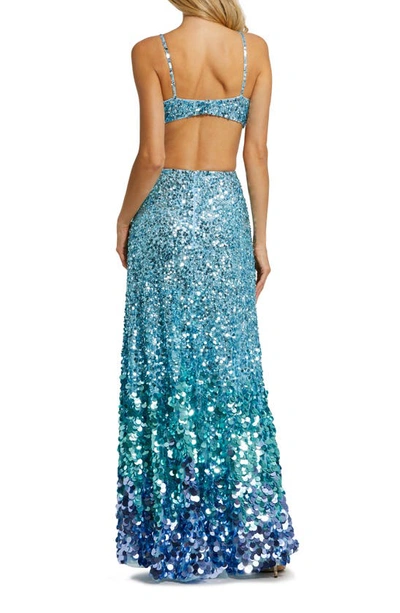 Mac Duggal Thin Strap Cut Out Gown With Ombre Sequins In Ice Blue