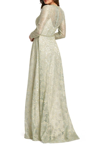 Shop Mac Duggal Embellished Floral Long Sleeve Lace Gown In Sage