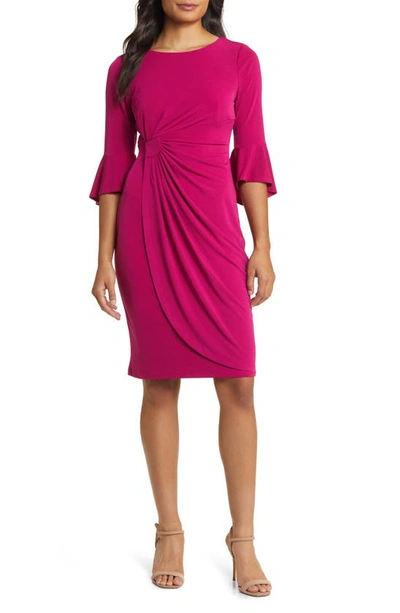 Shop Connected Apparel Ruched Bell Sleeve Faux Wrap Cocktail Dress In New Coral