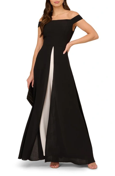 Shop Adrianna Papell Off The Shoulder Maxi Jumpsuit In Black/ Ivory