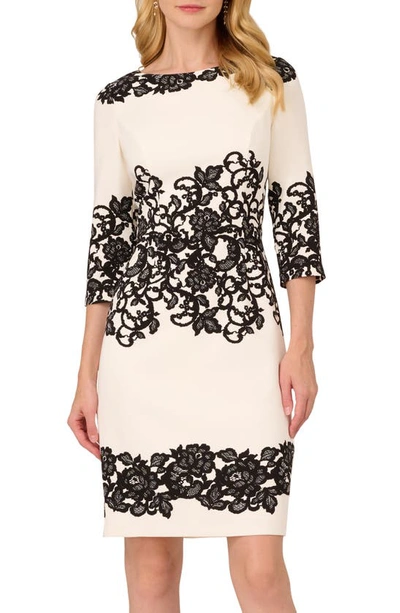 Shop Adrianna Papell Scroll Lace Sheath Dress In Ivory/ Black