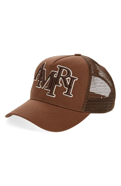 Shop Amiri Staggered Logo Trucker Hat In Brown