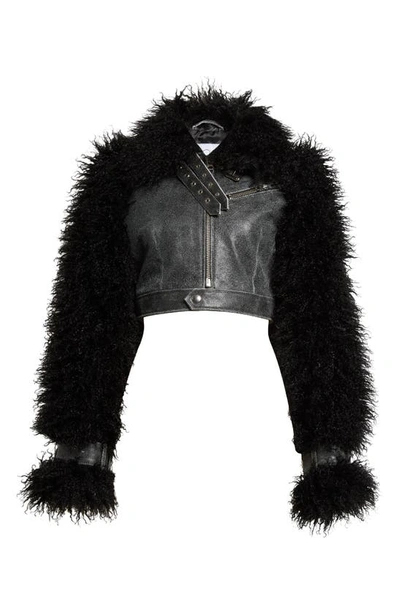 Shop Vaquera Crop Leather Moto Jacket With Faux Fur Sleeves In Black