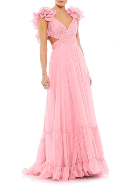 Shop Mac Duggal Rosette Chiffon Cutout Empire Waist Gown In Blush