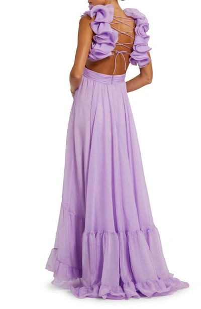 Shop Mac Duggal Rosette Chiffon Cutout Empire Waist Gown In Lilac