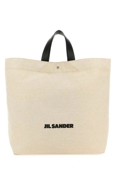 Jil Sander Leather Handles Canvas Tote In Brown