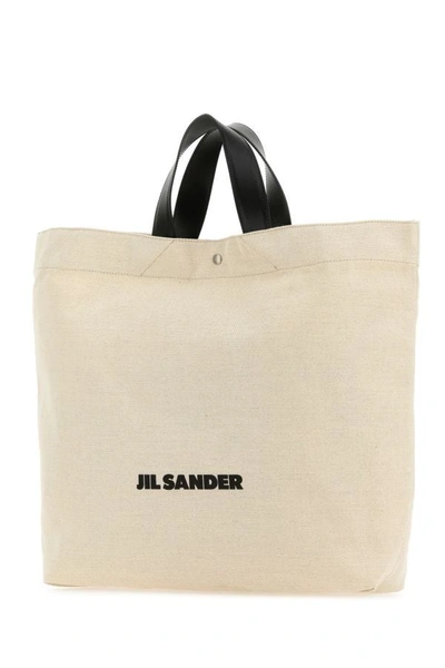 Jil Sander Leather Handles Canvas Tote In Brown
