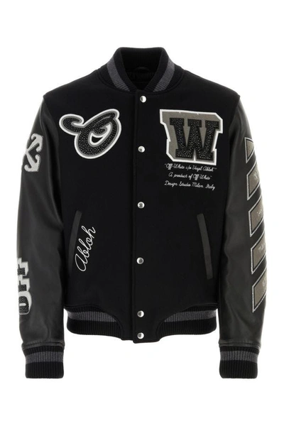 Shop Off-white Off White Man Black Wool Blend And Leather Bomber Jacket