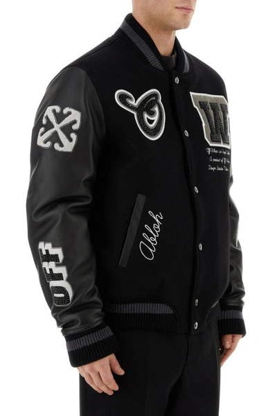 Shop Off-white Off White Man Black Wool Blend And Leather Bomber Jacket
