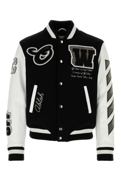 Shop Off-white Off White Man Two-tone Wool Blend And Leather Bomber Jacket In Multicolor
