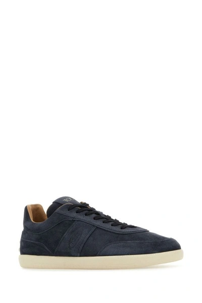 Shop Tod's Man Navy Blue Suede Tabs Sneakers