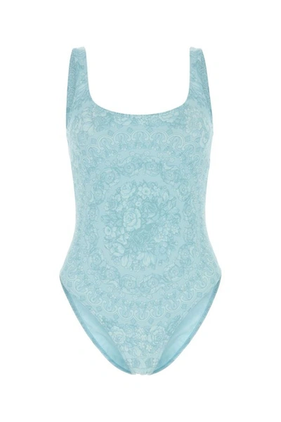 Shop Versace Woman Printed Stretch Polyester Swimsuit In Blue