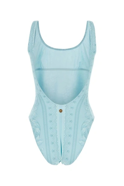 Shop Versace Woman Printed Stretch Polyester Swimsuit In Blue