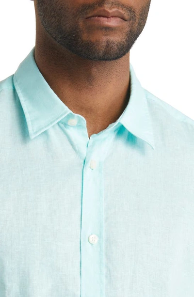 Shop Hugo Boss Ross Slim Fit Short Sleeve Linen Blend Button-up Shirt In Open Green