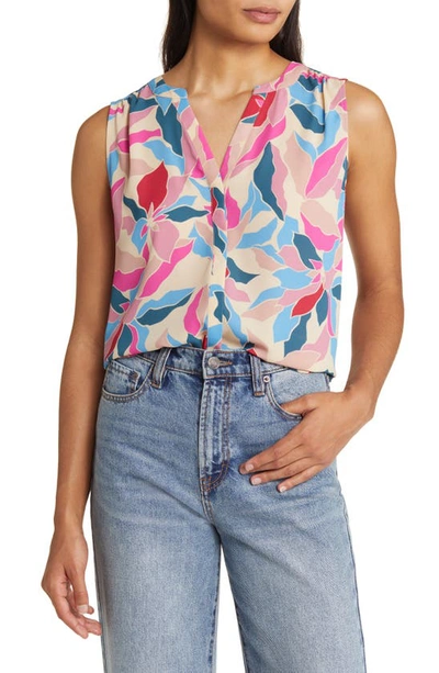 Shop Nydj Print Pleat Back Sleeveless Split Neck Blouse In Graceway