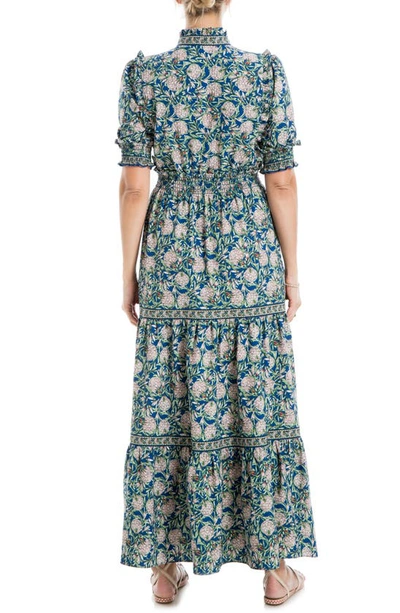 Shop Max Studio Floral Short Sleeve Tiered Maxi Dress In Blue Pinecone