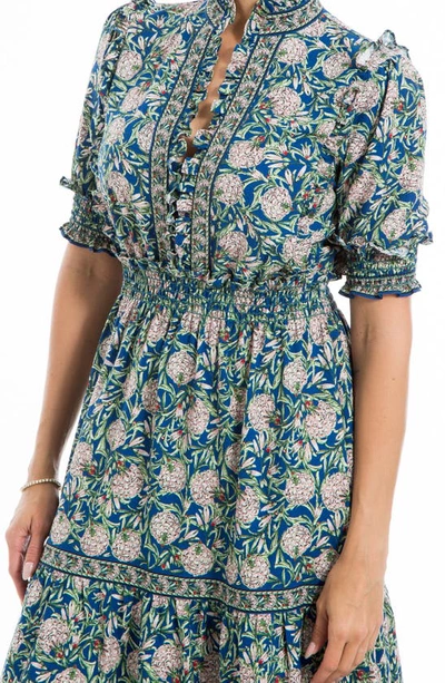 Shop Max Studio Floral Short Sleeve Tiered Maxi Dress In Blue Pinecone