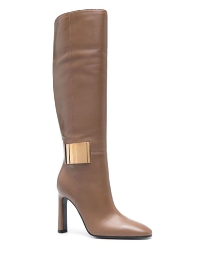 Sergio Rossi 100mm Heel Knee-length Leather Boots In Hazelnut