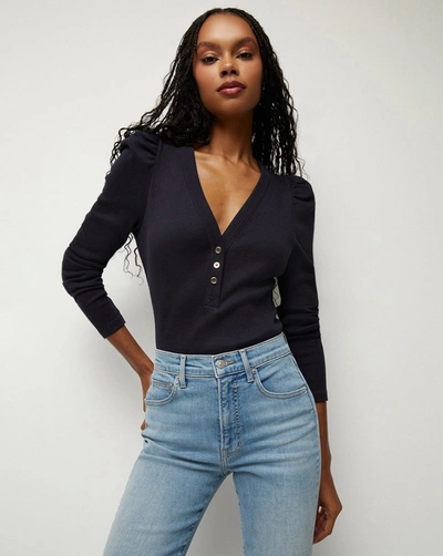 Veronica Beard Dekalb Puff-sleeve Cotton-blend Top In Navy