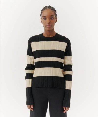 Shop Atm Anthony Thomas Melillo Viscose Varigated Striped Long Sleeve Sweater In Linen/ Black
