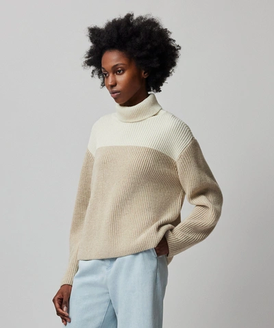Shop Atm Anthony Thomas Melillo Wool Blend Colorblock Turtleneck Sweater In Beige Combo