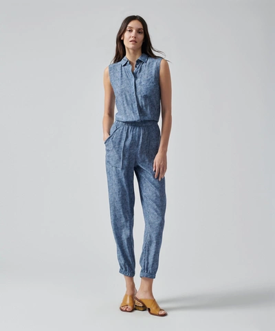 Shop Atm Anthony Thomas Melillo Silk Charmeuse Sleeveless Jumpsuit In Naval Blue Combo