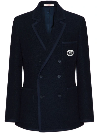 Shop Valentino Vlogo Wool Double-breasted Jacket In Blue