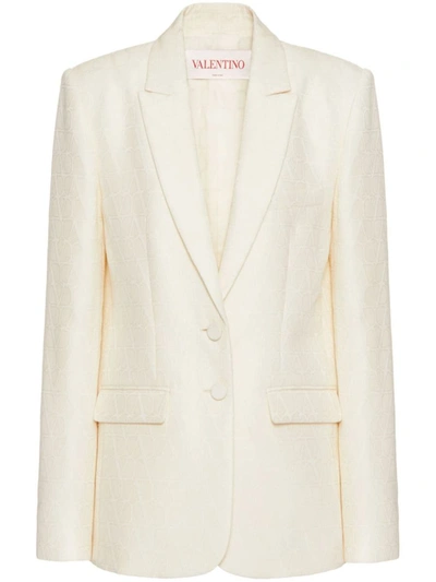 Shop Valentino Toile Iconographe Wool And Silk Blend Blazer Jacket In White