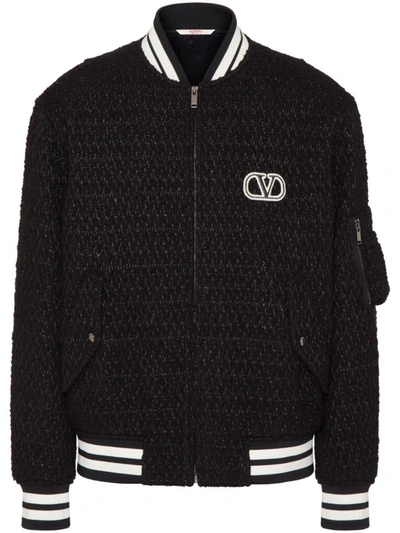 Shop Valentino Vlogo Tweed Bomber Jacket In Black