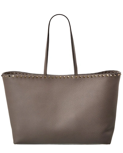 Shop Valentino Rockstud Large Grainy Leather Shopper Tote In Brown