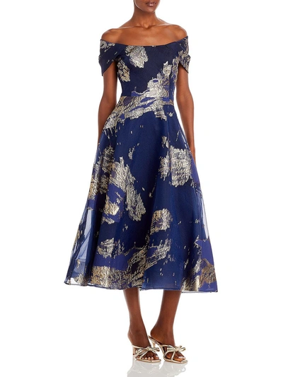 Shop Rickie Freeman Teri Jon Womens Jacquard Off-the-shoulder Midi Dress In Blue