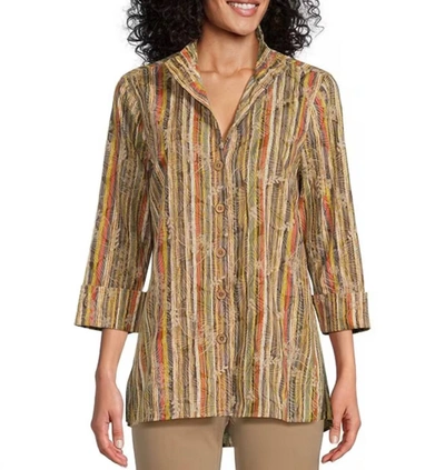 Shop Multiples Turn Up Cuff 3/4 Sleeve Button Front Hi-lo Embroidered Knit Shirt In Multi In Brown