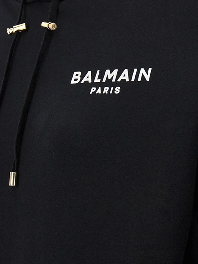 Shop Balmain Flocked Logo Cropped Hoodie In White/black