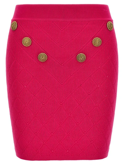 Shop Balmain Logo Button Knitted Skirt In Fuchsia
