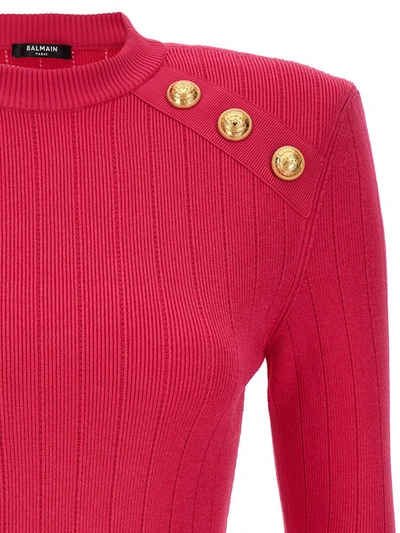 Shop Balmain Logo Button Sweater In Fuchsia