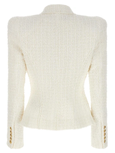 Shop Balmain Double-breasted Tweed Blazer With Logo Buttons In White