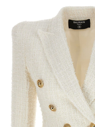 Shop Balmain Double-breasted Tweed Blazer With Logo Buttons In White