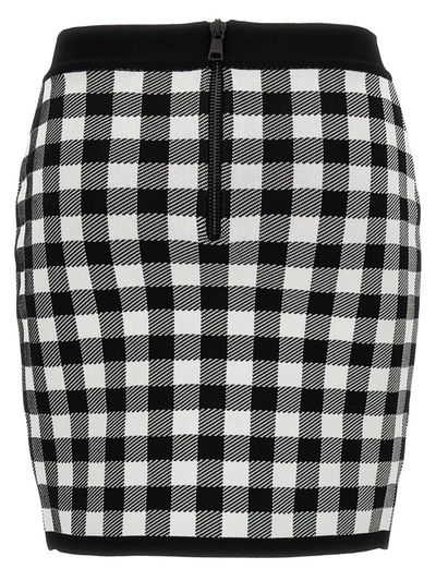 Shop Balmain Logo Button Vichy Skirt In White/black