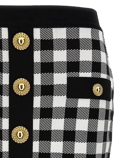 Shop Balmain Logo Button Vichy Skirt In White/black