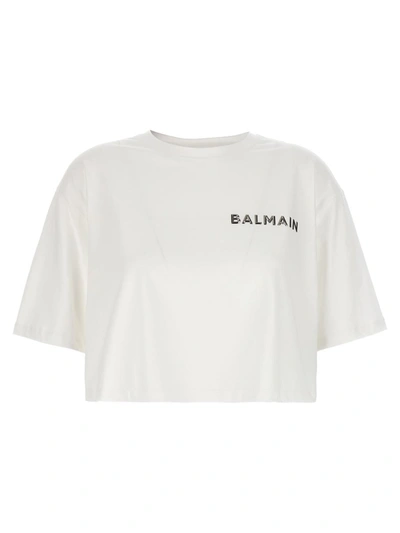 Shop Balmain Logo Cropped T-shirt In White